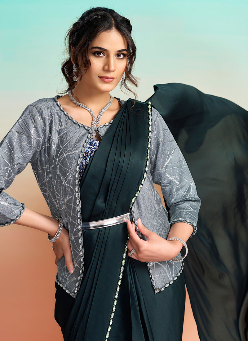 Teal Blue Satin Silk Embroidery Work Festival Wear Readymade Saree SW474272