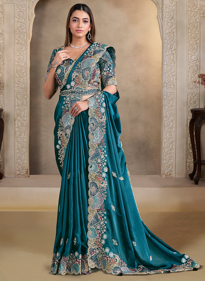 Satin Silk Teal Blue Wedding Wear Embroidery Work Saree 386124