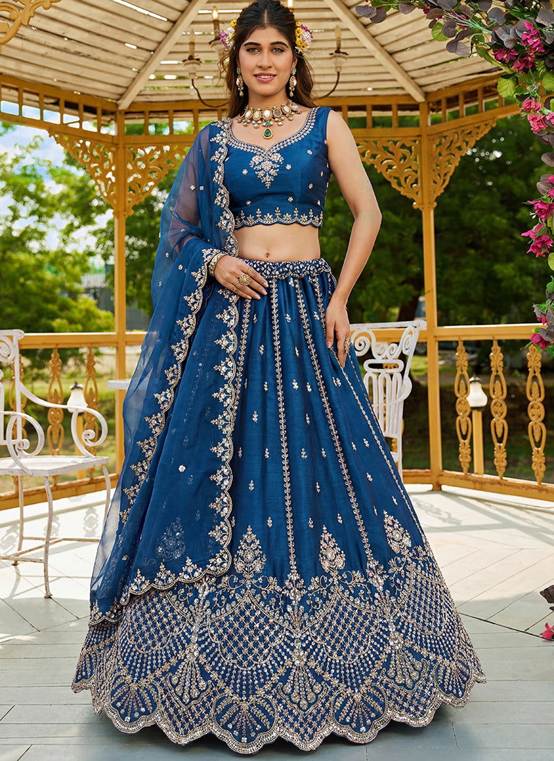 Teal Blue Satin Hand Work Wedding Wear Lehenga Choli SW910883