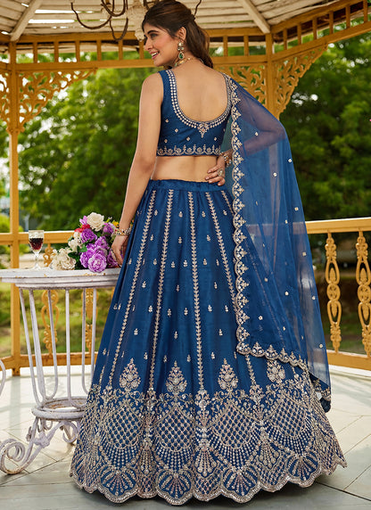Teal Blue Satin Hand Work Wedding Wear Lehenga Choli SW910883
