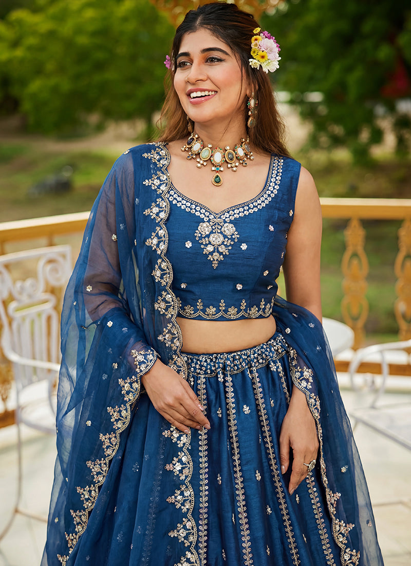 Teal Blue Satin Hand Work Wedding Wear Lehenga Choli SW910883