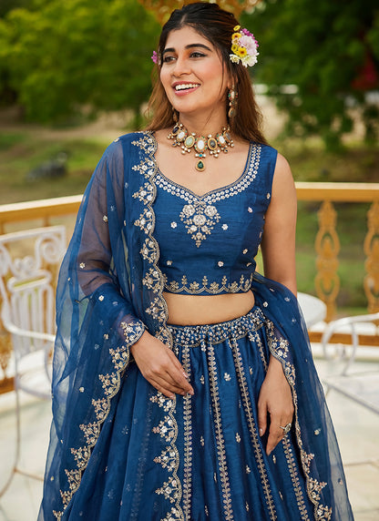 Teal Blue Satin Hand Work Wedding Wear Lehenga Choli SW910883