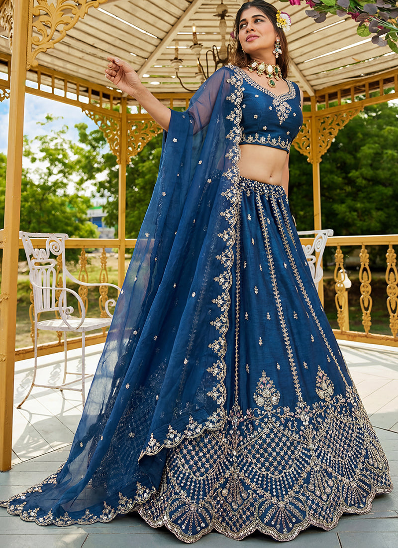 Teal Blue Satin Hand Work Wedding Wear Lehenga Choli SW910883