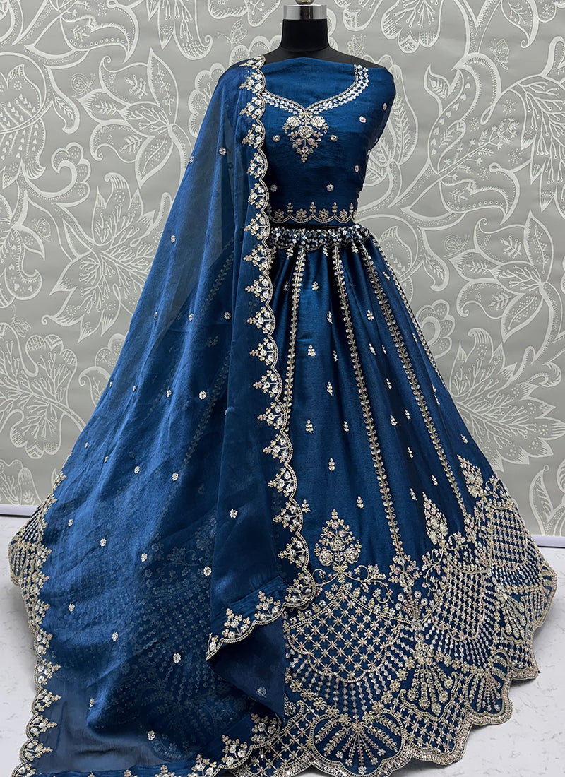 Teal Blue Satin Hand Work Wedding Wear Lehenga Choli SW910883