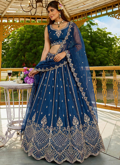 Teal Blue Satin Hand Work Wedding Wear Lehenga Choli SW910883