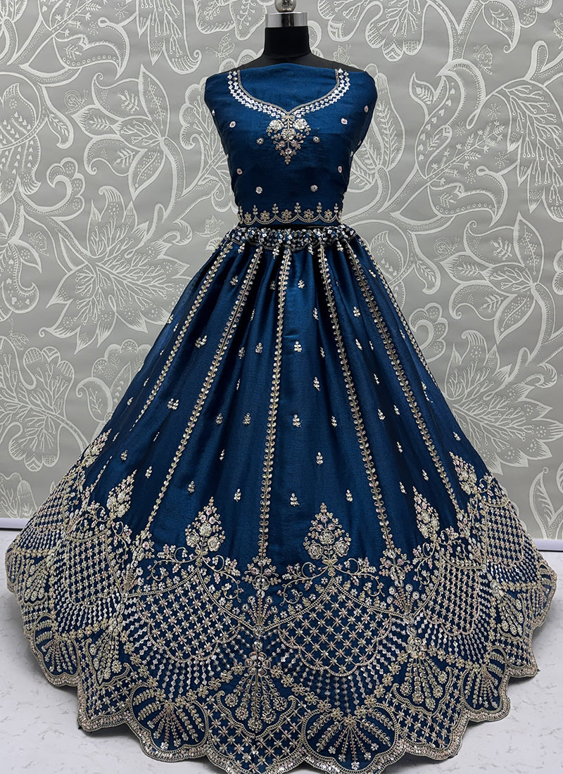 Teal Blue Satin Hand Work Wedding Wear Lehenga Choli SW910883