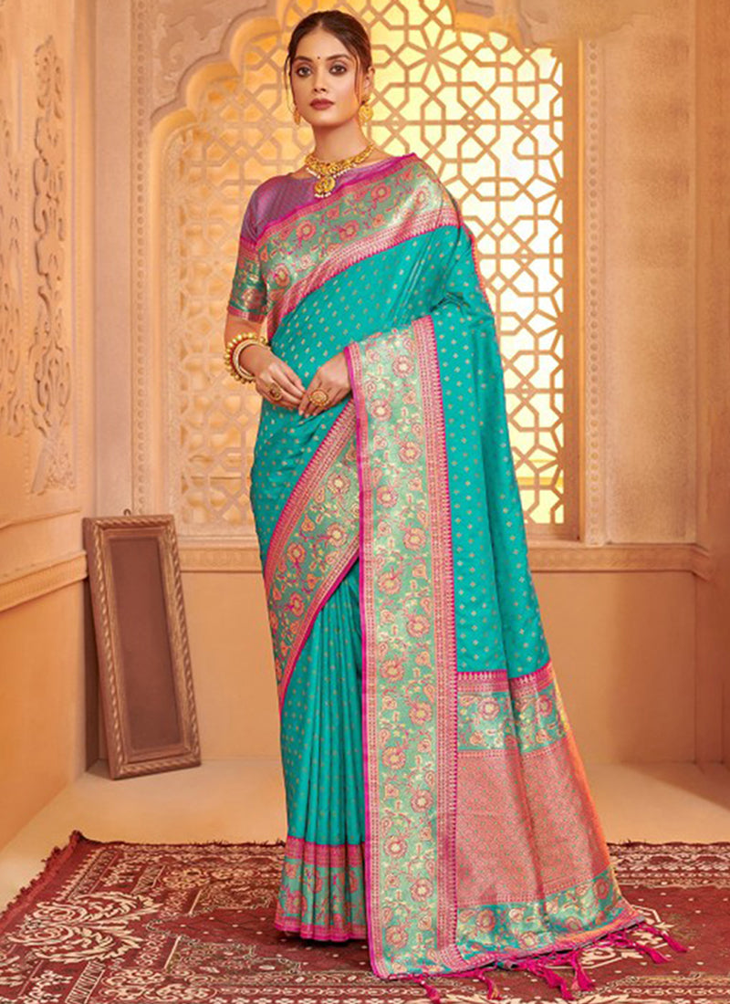 Silk Blend Teal Green Saree with Weaving Work for Festival Wear 384323