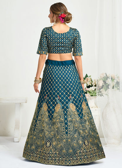 Silk Teal Blue Party Wear Zari Embroidery Work Lehenga Choli 386038
