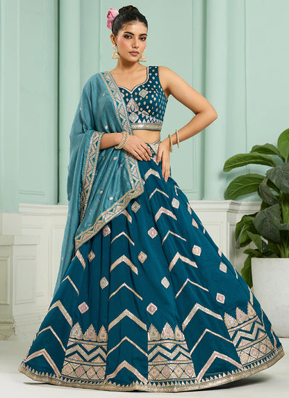 Silk Teal Blue Designer Wear Embroidery Work Lehenga Choli 385380