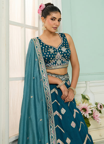 Silk Teal Blue Designer Wear Embroidery Work Lehenga Choli 385380