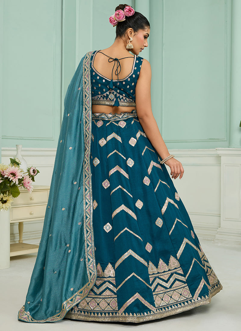 Silk Teal Blue Designer Wear Embroidery Work Lehenga Choli 385380
