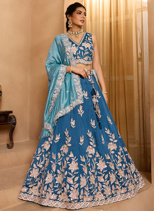 Silk Teal Blue Wedding Wear Embroidery Work Lehenga Choli 385385