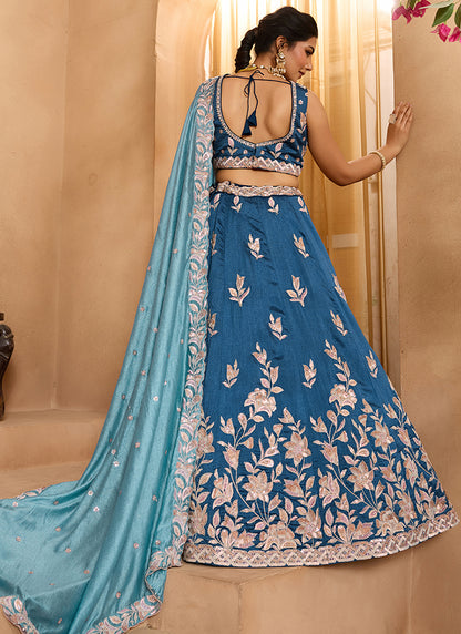 Silk Teal Blue Wedding Wear Embroidery Work Lehenga Choli 385385