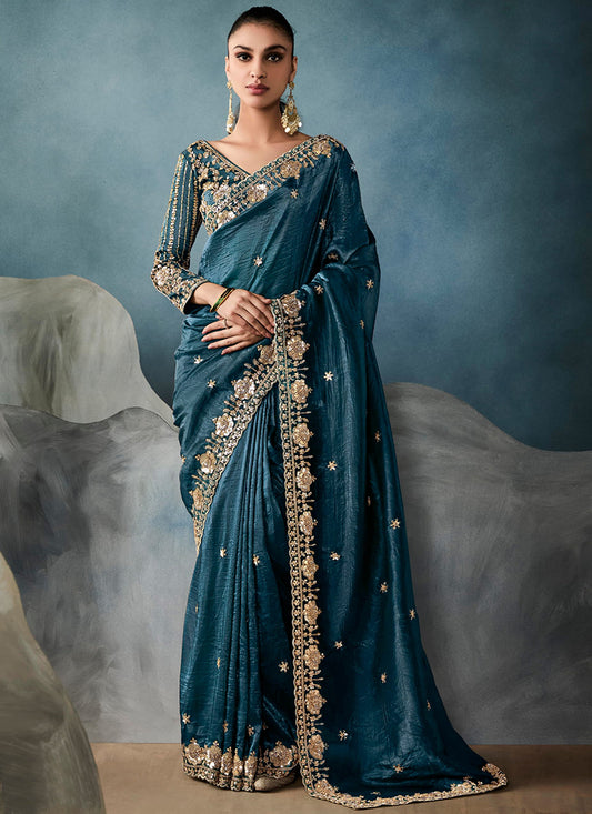 Tissue Light Teal Blue Wedding Wear Embroidery Work Saree 384624
