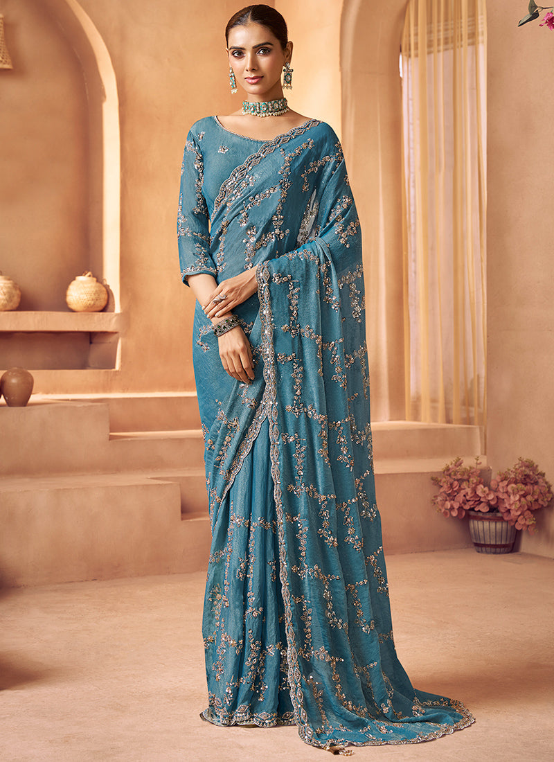 Tissue Teal Blue Saree with Sequin Work for Wedding Wear 381702
