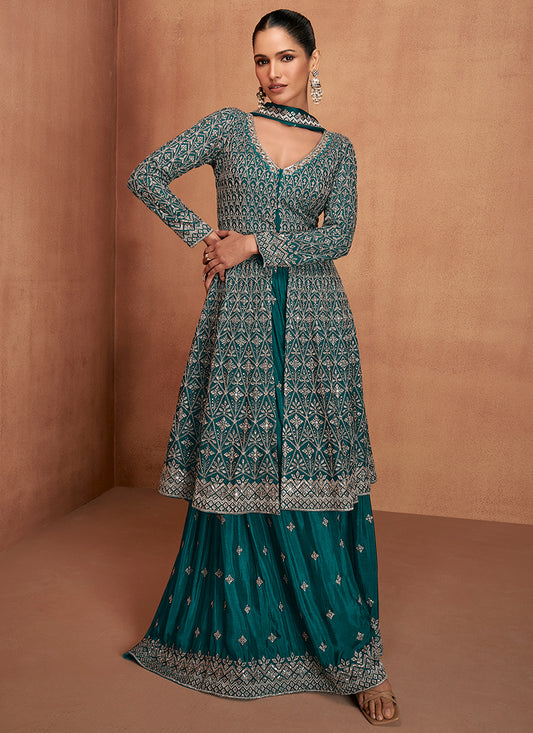 Chinon Teal Party Wear Embroidery Work Readymade Plazzo Suit 386641