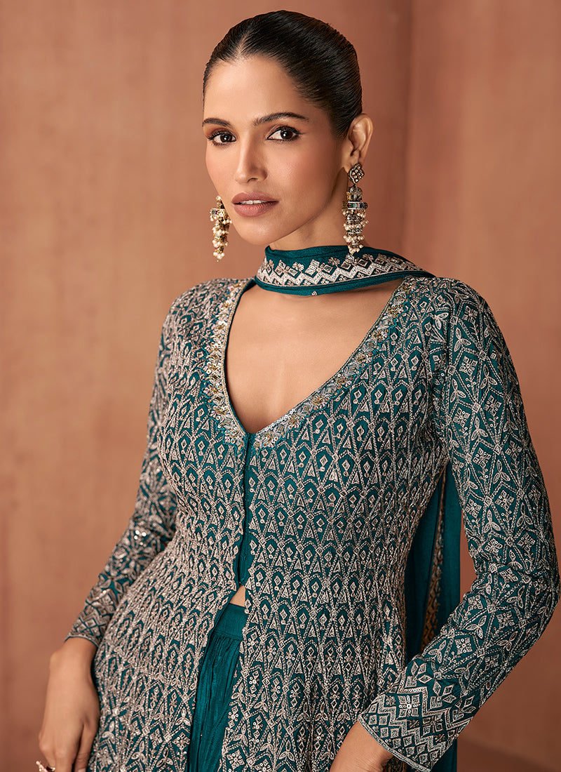 Chinon Teal Party Wear Embroidery Work Readymade Plazzo Suit 386641