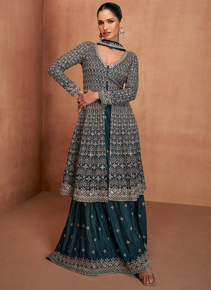 Chinon Teal Party Wear Embroidery Work Readymade Plazzo Suit 386644