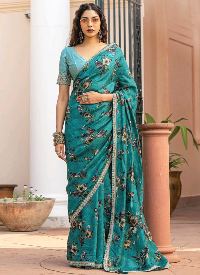 Dola Silk Teal Saree with Floral Print for Party Wear 381975