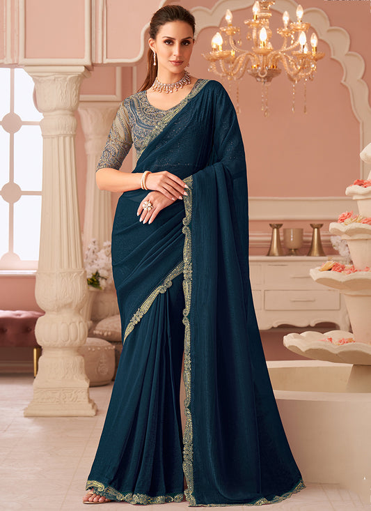 Georgette Teal Designer Saree with Zari Embroidery Work 383846