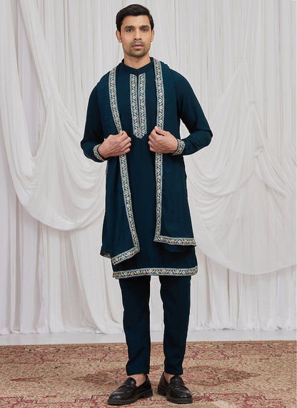 Teal Green Armani  Hand Work Occasional Wear Readymade Kurta Pajama SW713655
