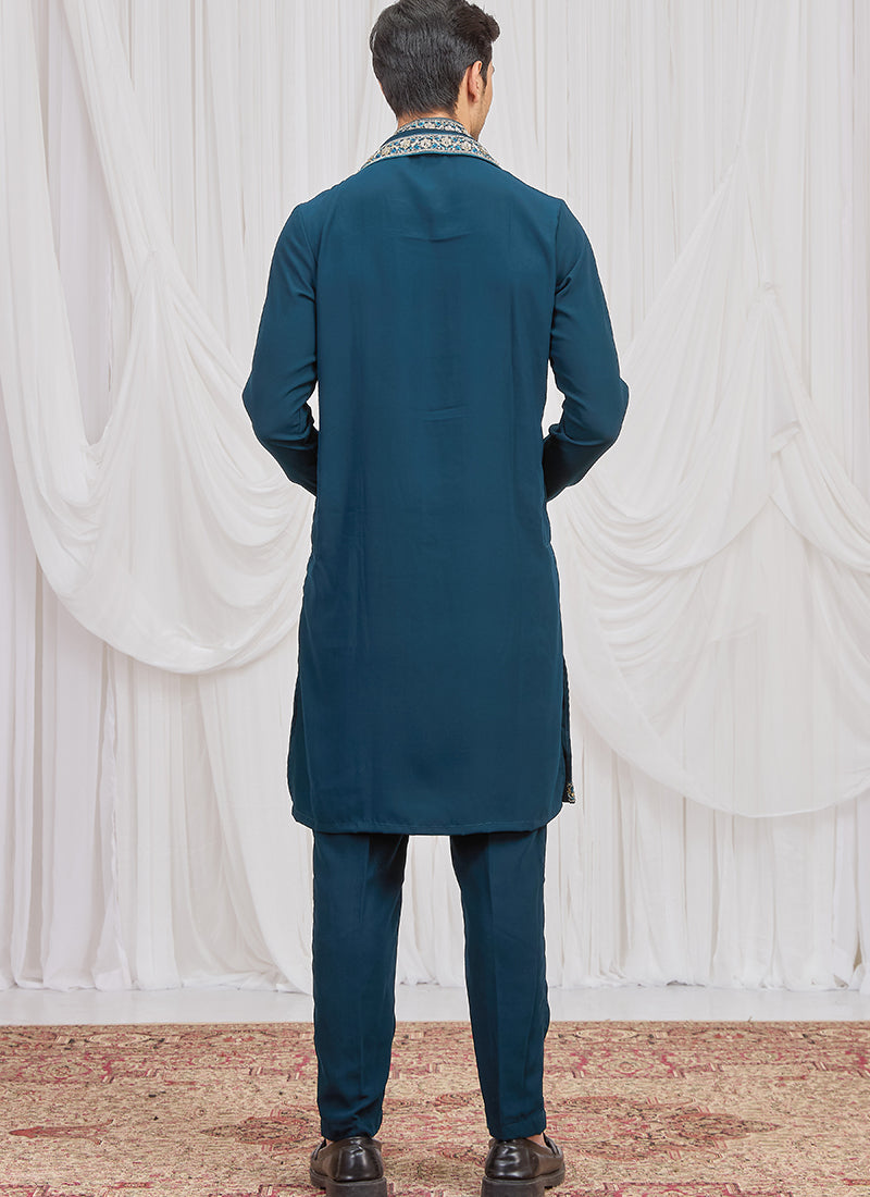 Teal Green Armani  Hand Work Occasional Wear Readymade Kurta Pajama SW713655