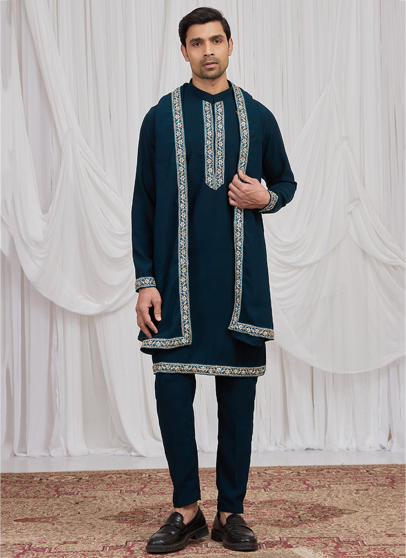 Teal Green Armani  Hand Work Occasional Wear Readymade Kurta Pajama SW713655