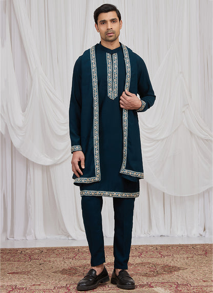 Teal Green Armani  Hand Work Occasional Wear Readymade Kurta Pajama SW713655
