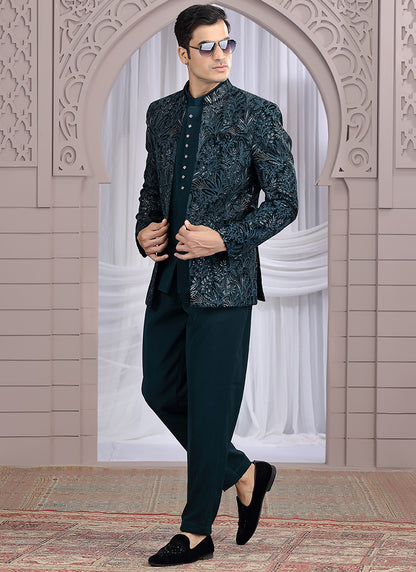 Art Silk Teal Green Wedding Wear Pattern Pc Work Readymade Indo Western 385498