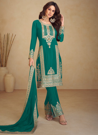 Chinon Teal Green Festival Wear Embroidery Work Readymade Salwar Suit 385860