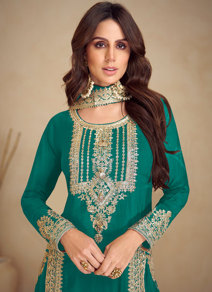 Chinon Teal Green Festival Wear Embroidery Work Readymade Salwar Suit 385860