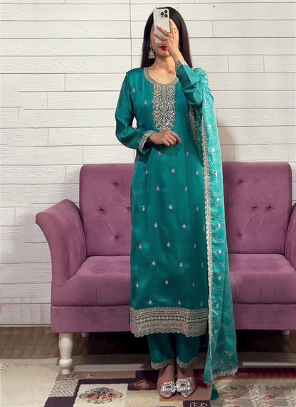 Chinon Teal Green Occasional Wear Embroidery Work Readymade Salwar Suit 387193