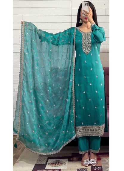 Chinon Teal Green Occasional Wear Embroidery Work Readymade Salwar Suit 387193