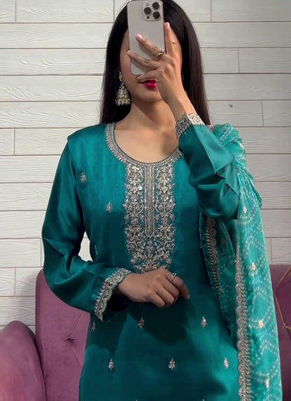 Chinon Teal Green Occasional Wear Embroidery Work Readymade Salwar Suit 387193
