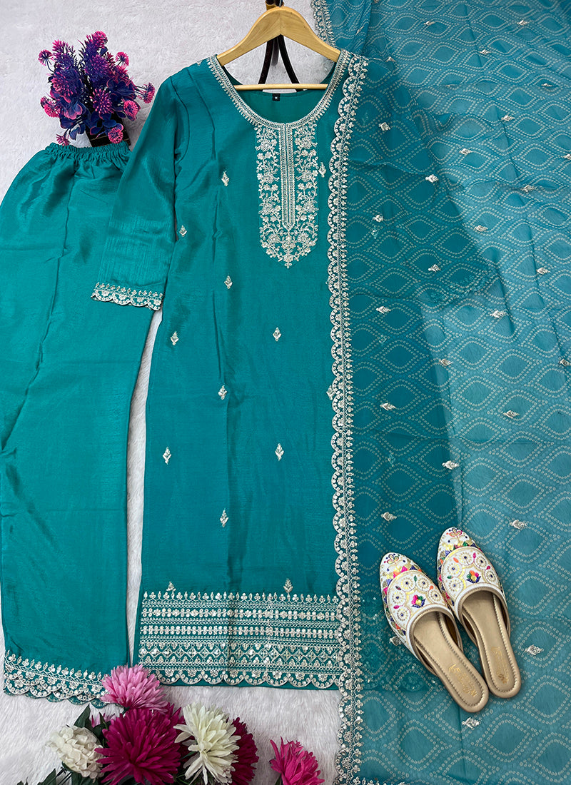 Chinon Teal Green Occasional Wear Embroidery Work Readymade Salwar Suit 387193