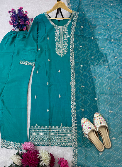 Chinon Teal Green Occasional Wear Embroidery Work Readymade Salwar Suit 387193