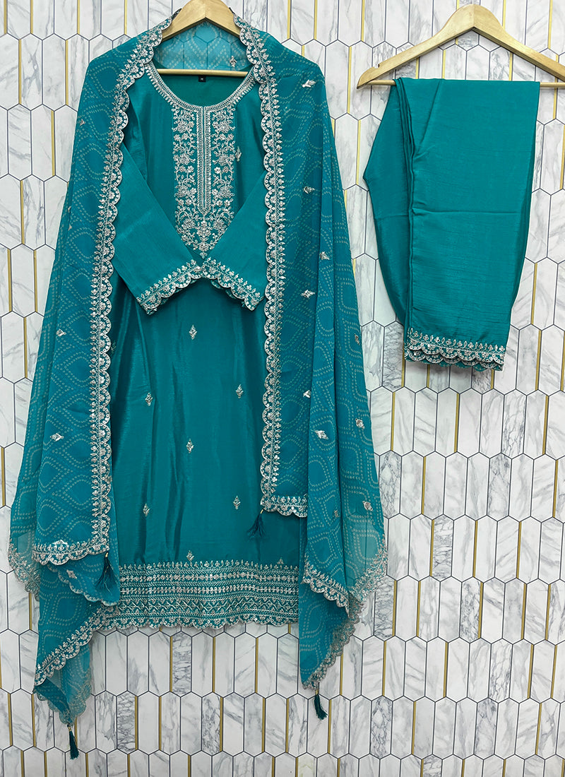 Chinon Teal Green Occasional Wear Embroidery Work Readymade Salwar Suit 387193