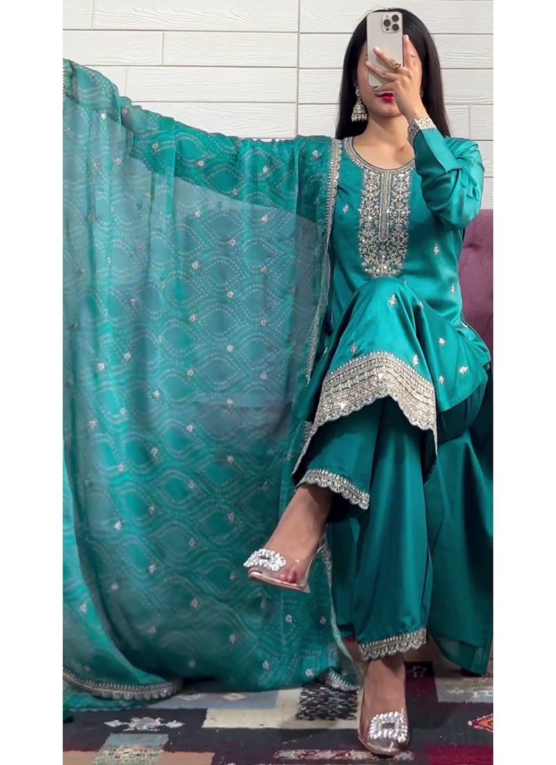 Chinon Teal Green Occasional Wear Embroidery Work Readymade Salwar Suit 387193