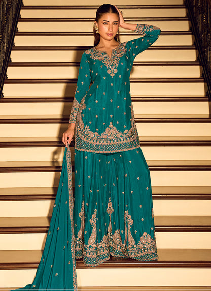 Chinon Silk Teal Green Wedding Wear Zari Embroidery Work Readymade Plazzo Suit 388778