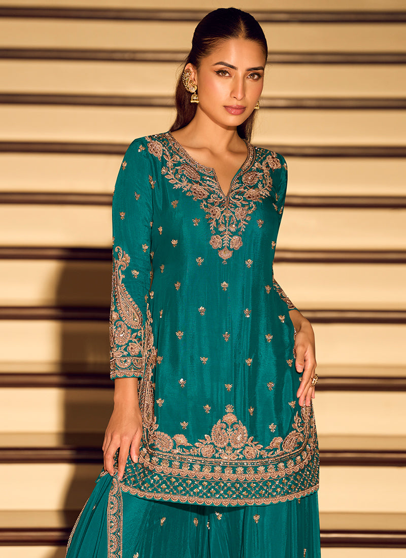 Chinon Silk Teal Green Wedding Wear Zari Embroidery Work Readymade Plazzo Suit 388778