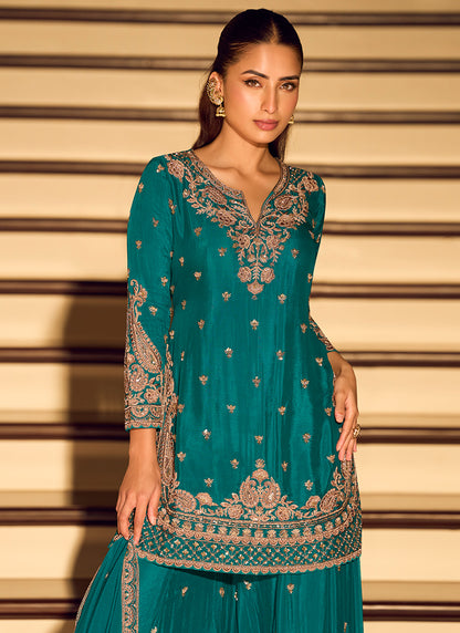 Chinon Silk Teal Green Wedding Wear Zari Embroidery Work Readymade Plazzo Suit 388778