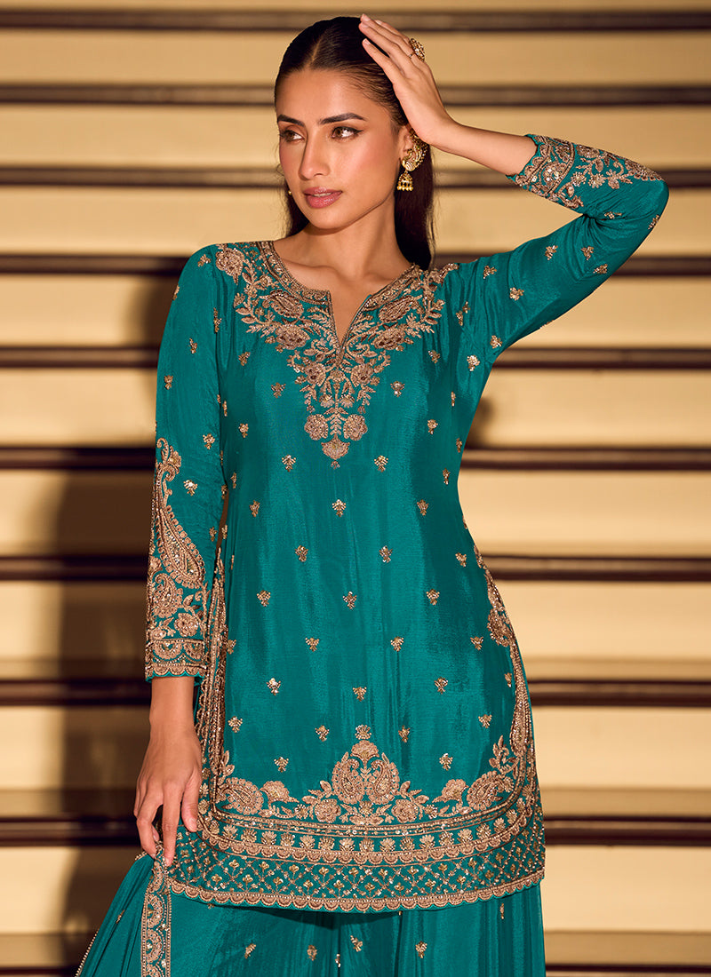 Chinon Silk Teal Green Wedding Wear Zari Embroidery Work Readymade Plazzo Suit 388778