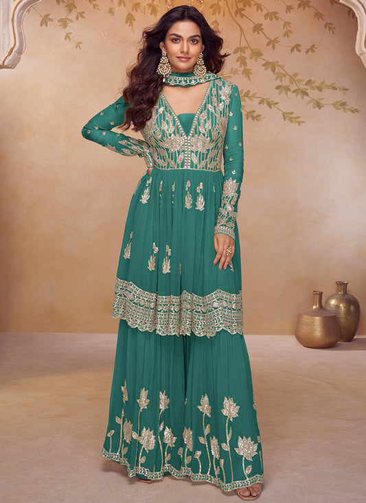 Teal Green Chinon Embroidery Work Wedding Wear Readymade Sharara Suit SW681834