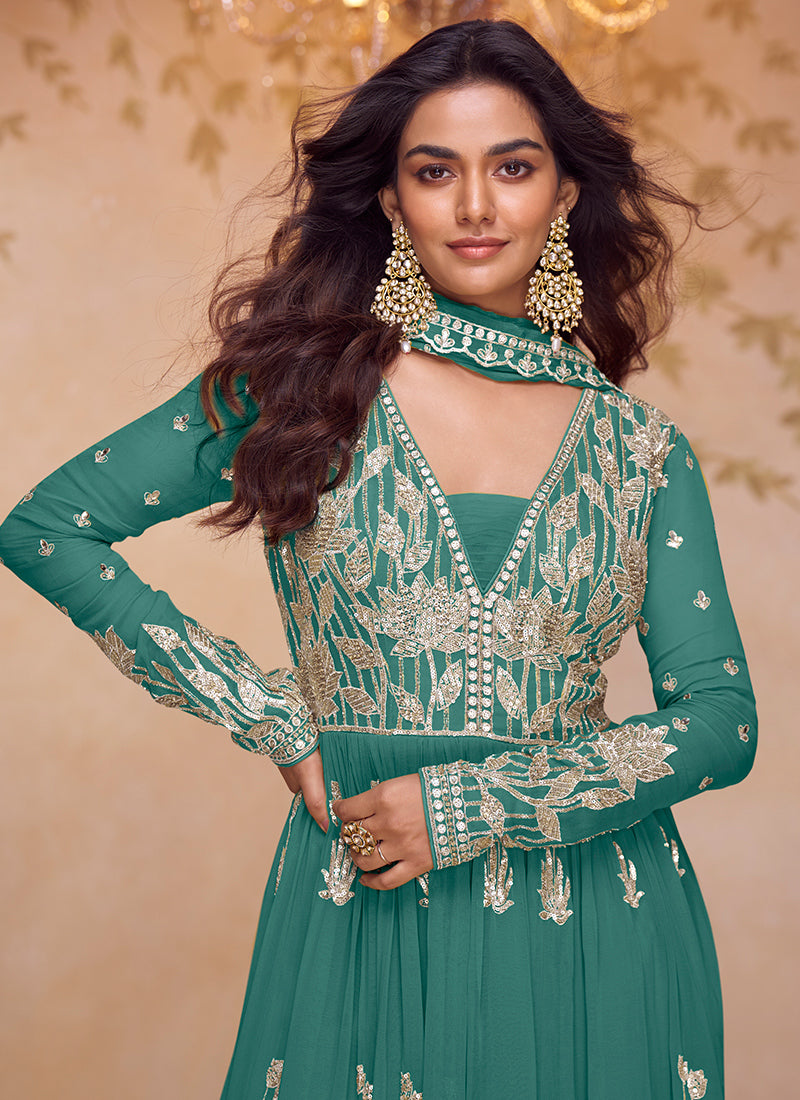 Teal Green Chinon Embroidery Work Wedding Wear Readymade Sharara Suit SW681834