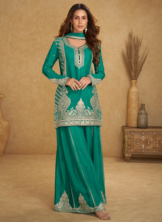 Teal Green Chinon Zari Embroidery Work Wedding Wear Readymade Plazzo Suit SW833398