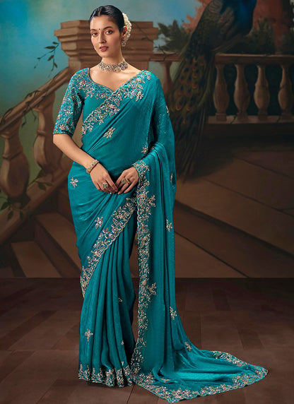 Teal Green Fancy Sequins Work  Wedding Wear Saree SW527161