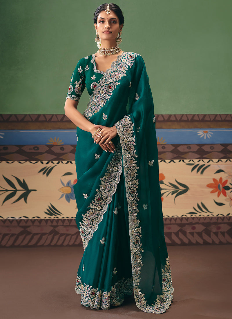 Teal Green Fancy Embroidery Work Wedding Wear Saree SW395693