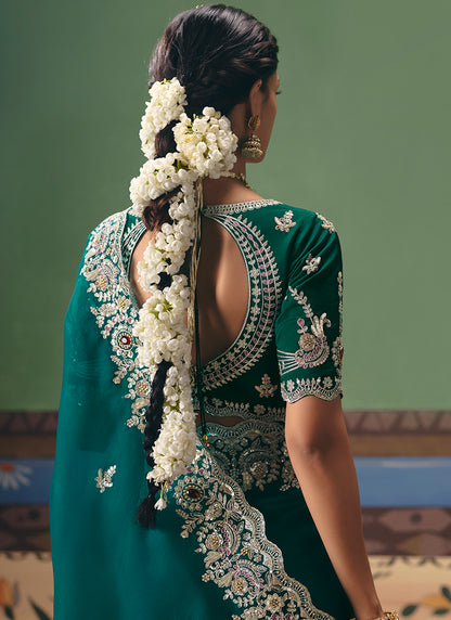 Teal Green Fancy Embroidery Work Wedding Wear Saree SW395693