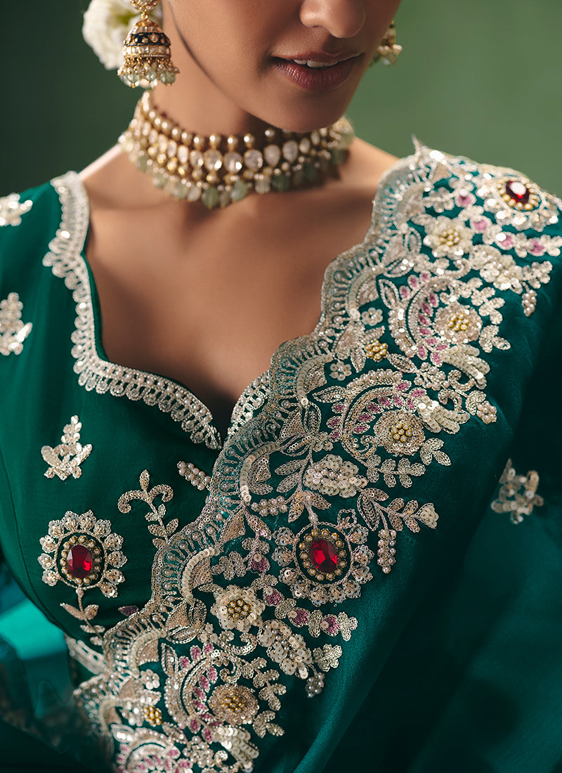 Teal Green Fancy Embroidery Work Wedding Wear Saree SW395693