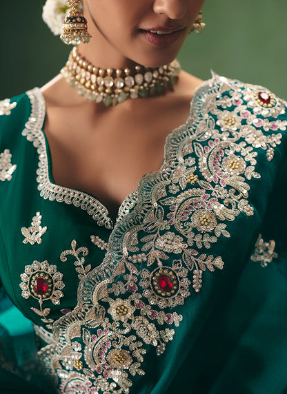 Teal Green Fancy Embroidery Work Wedding Wear Saree SW395693